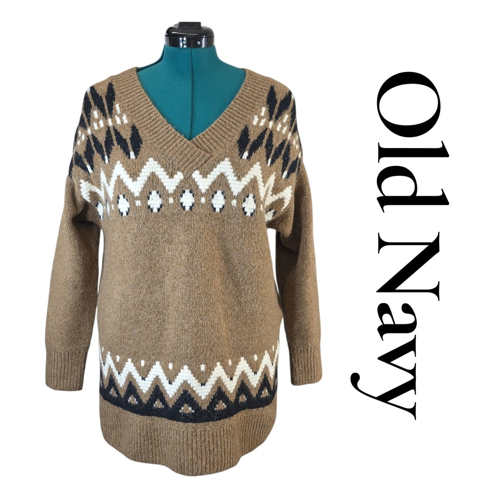 Old Navy Fair Isle Sweater‎ Womens S Brown Cotton Blend V-Neck Oversized Holiday